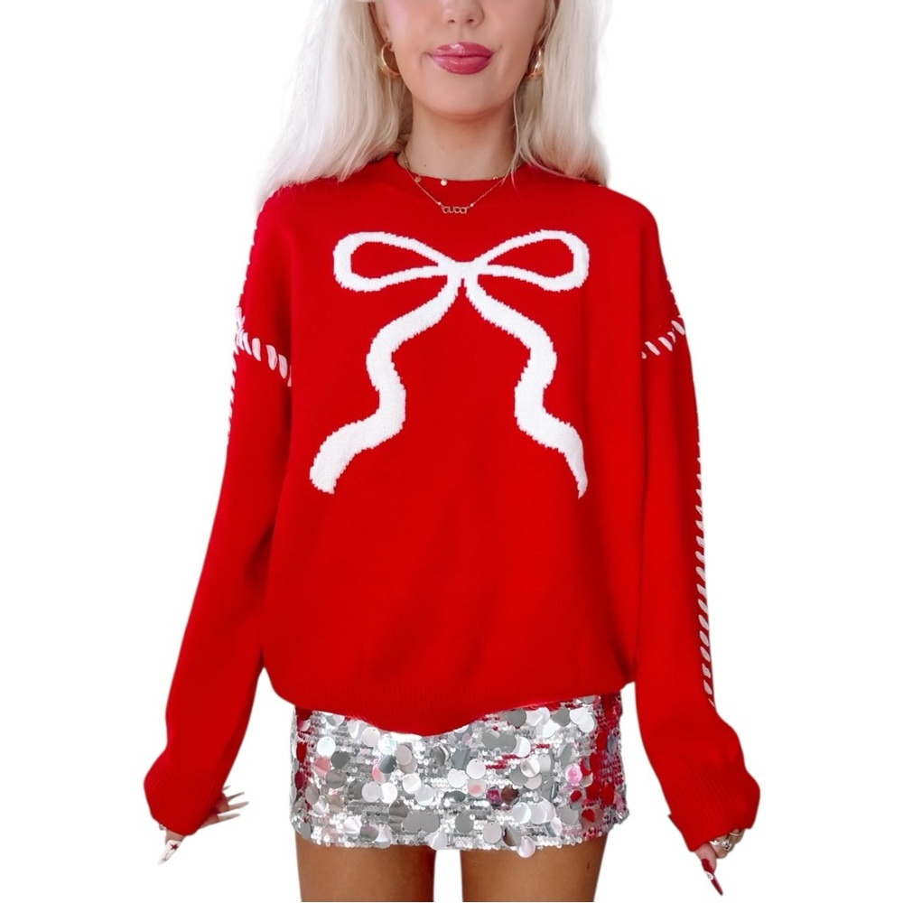 Main Strip Red‎ Bow Sweater Medium Holiday Christmas Festive Knit Top